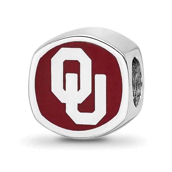 Sterling Silver Rhodium Plated U of Oklahoma Enamel Cushion Bead Charm - Picture 1 of 6